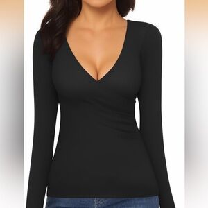 Black Wrap-Front Long Sleeve Women's Top